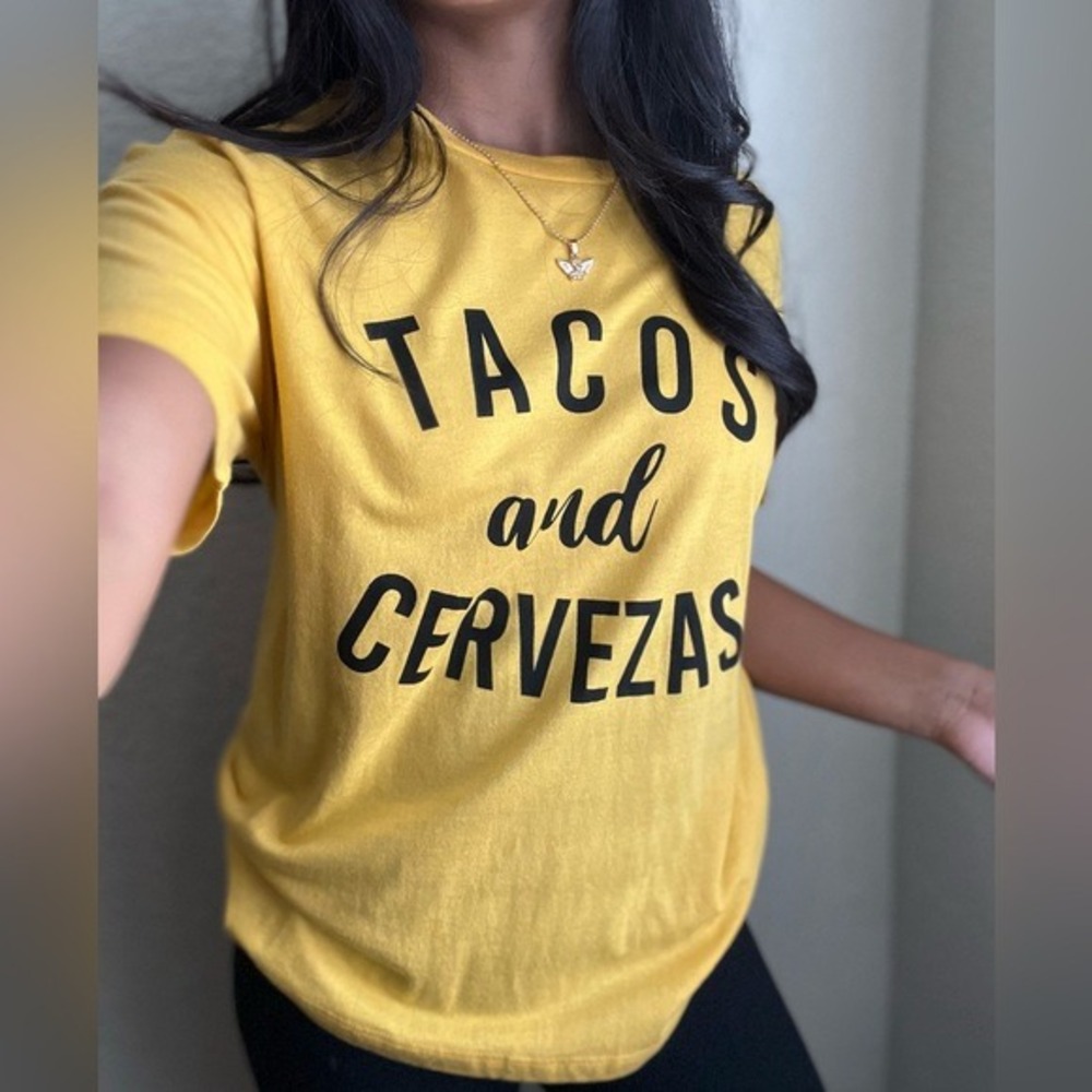 Rock Rose Couture Tacos and Cervezas T-Shirt Medium Yellow‎ Graphic Tee NWT